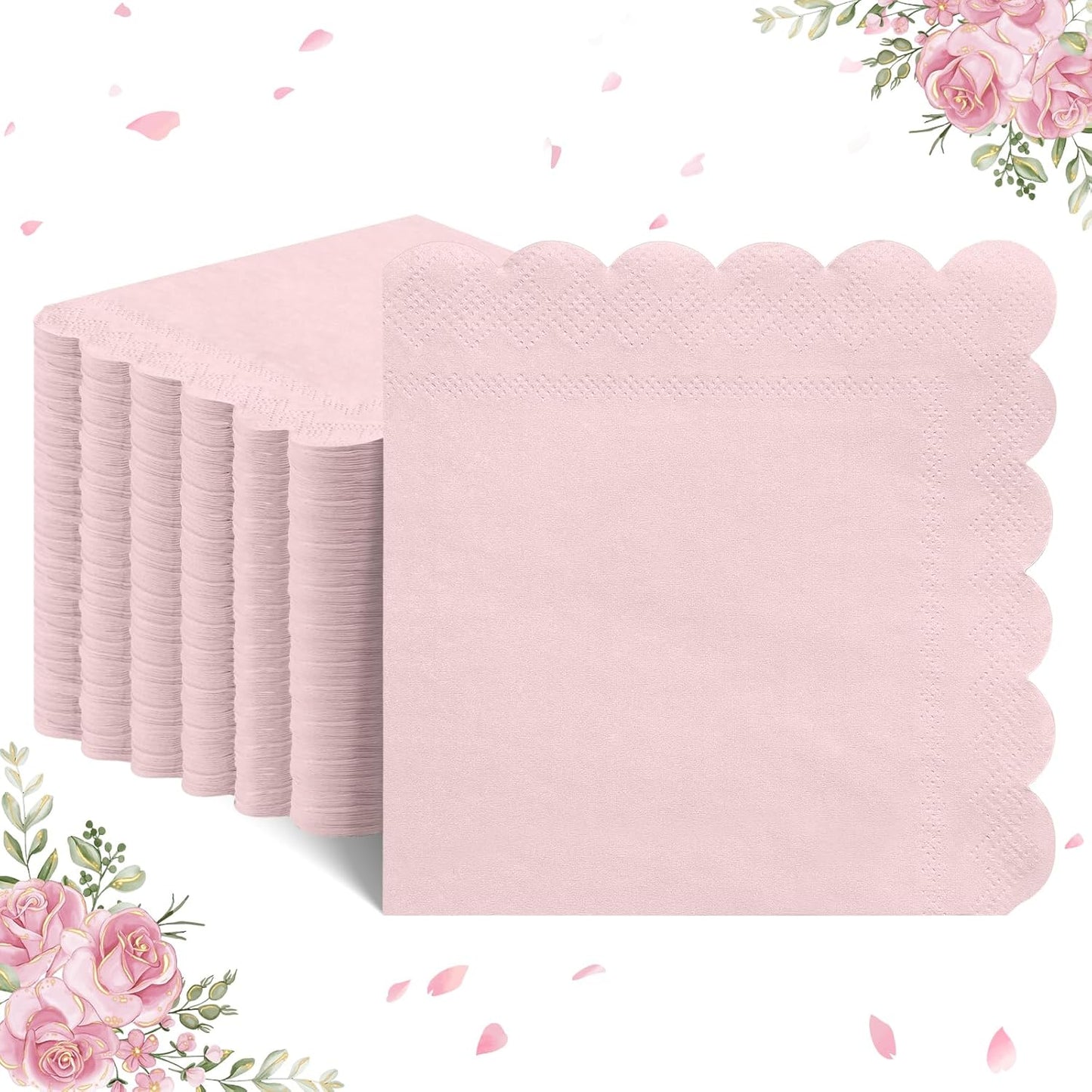 120 Pcs Cocktail Napkins Pink Scalloped Party Napkins Light Pink Cute Dessert Beverage Napkin for Wedding, Baby Bridal Shower, Birthday, 5 x 5 Inch
