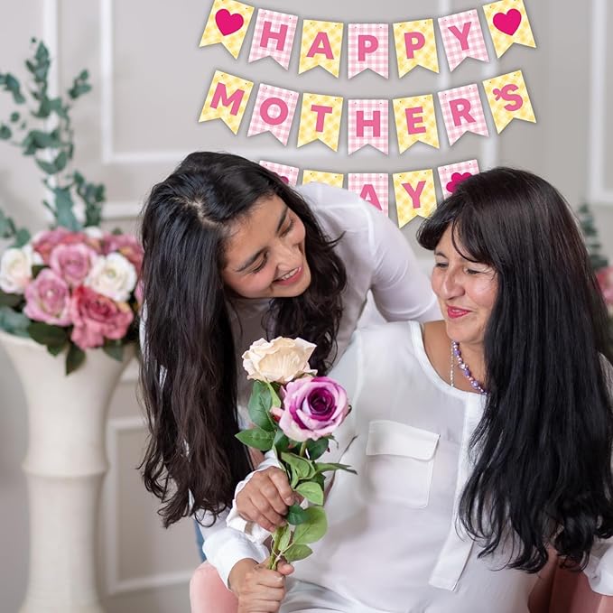 Happy Mother's Day Banner Set Decoration for Mother's Day Party Decorations Backdrop Garland for Mom Mother's Day Glitter Garland Photo Props (Yellow Heart Plaid)