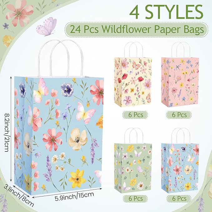 Gaillty 24 Pcs Floral Paper Gift Bags Flower Butterfly Goodie Bags with Handles Wildflower Wedding Welcome Bag for Wedding Bridal Shower Engagement Baby Shower Birthday Spring Tea Party Supplies