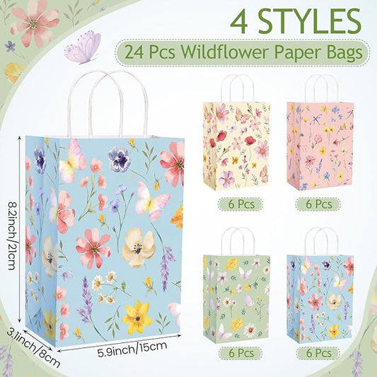 Gaillty 24 Pcs Floral Paper Gift Bags Flower Butterfly Goodie Bags with Handles Wildflower Wedding Welcome Bag for Wedding Bridal Shower Engagement Baby Shower Birthday Spring Tea Party Supplies