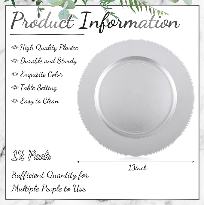 Tanlade 12 Pcs 13 Inch Charger Plates Bulk Round Wedding Chargers Plastic Dinner Plates for Table Setting Wedding Party Decoration (Silver White)