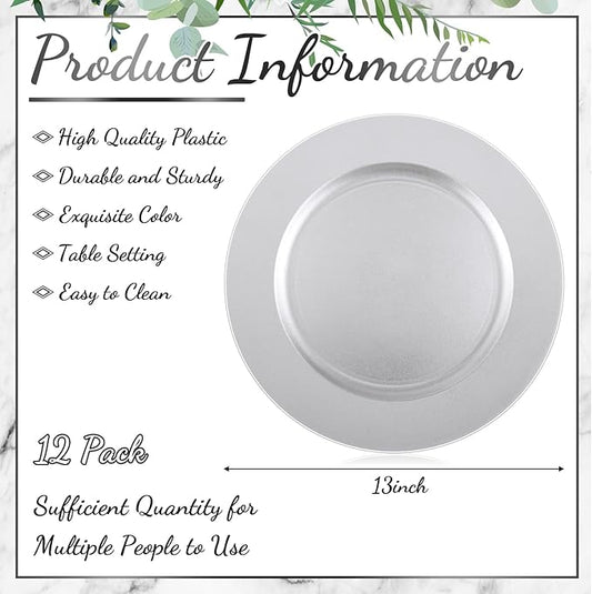 Tanlade 12 Pcs 13 Inch Charger Plates Bulk Round Wedding Chargers Plastic Dinner Plates for Table Setting Wedding Party Decoration (Silver White)