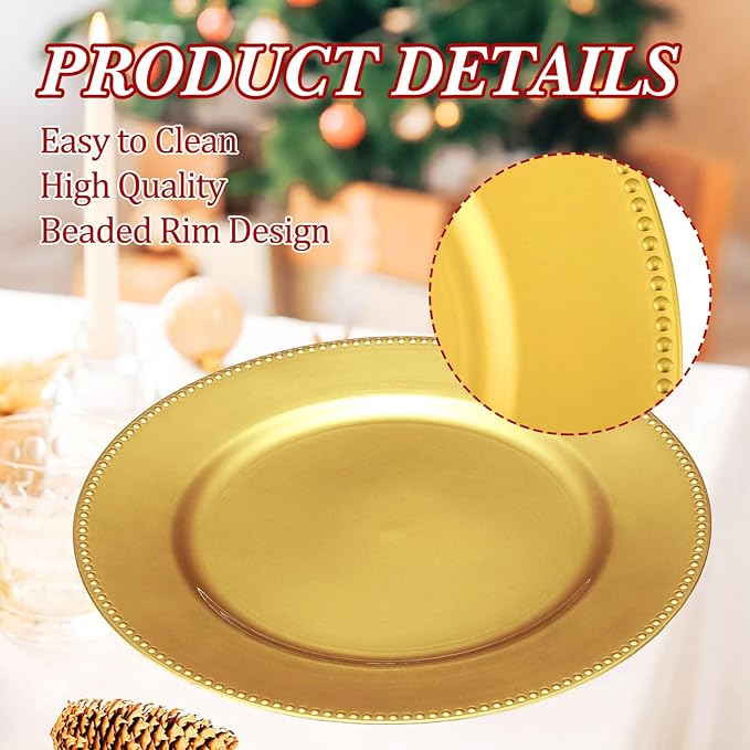 Jinei 36 Pack Gold Charger Plates 13 Inch Plastic Beaded Round Charger Plates Wedding Table Decoration Reusable Dinner Plate Tray for Birthday Party Holiday Event