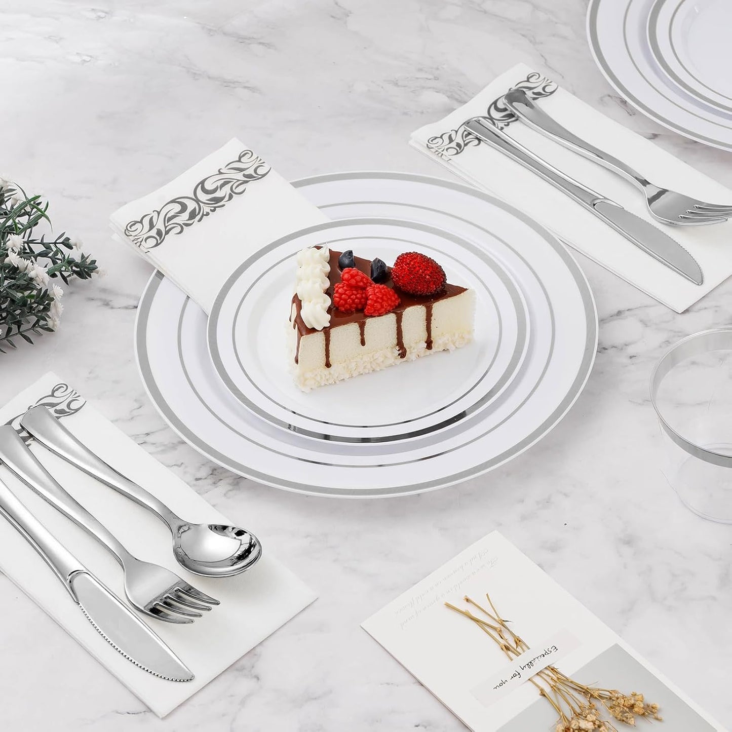 BESTVIP 700 PCS Silver Dinnerware Set for 100 Guests, Plastic Dinnerware Set for Party, Wedding, Christmas, Halloween, Include: 200 Plastic Plates, 100 Silver Silverware, 100 Cups, 100 Paper Napkins