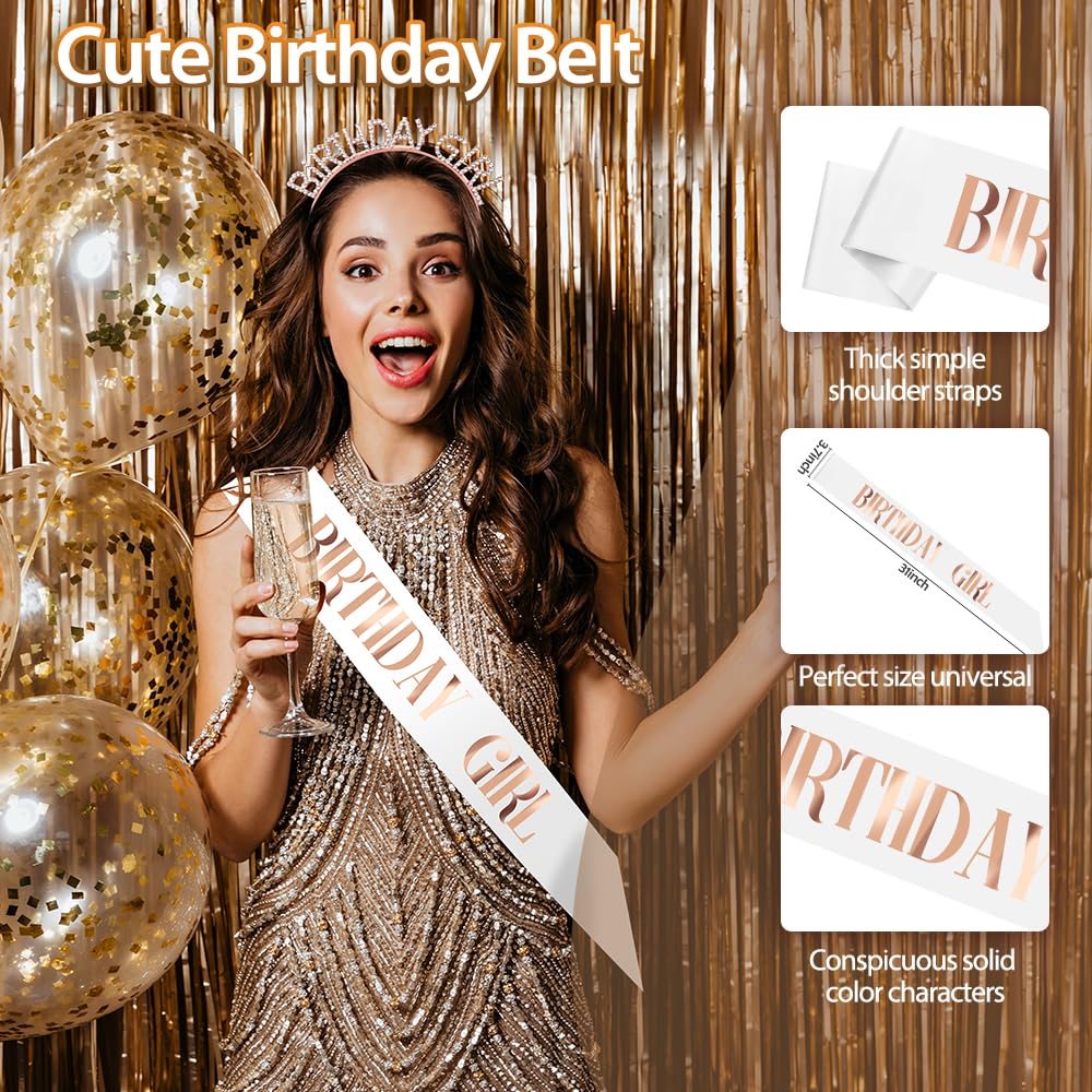 Birthday Crown and Sash Set for Women - White Rhinestone Headband, Princess Tiara, Happy Birthday Girl Accessories Gifts