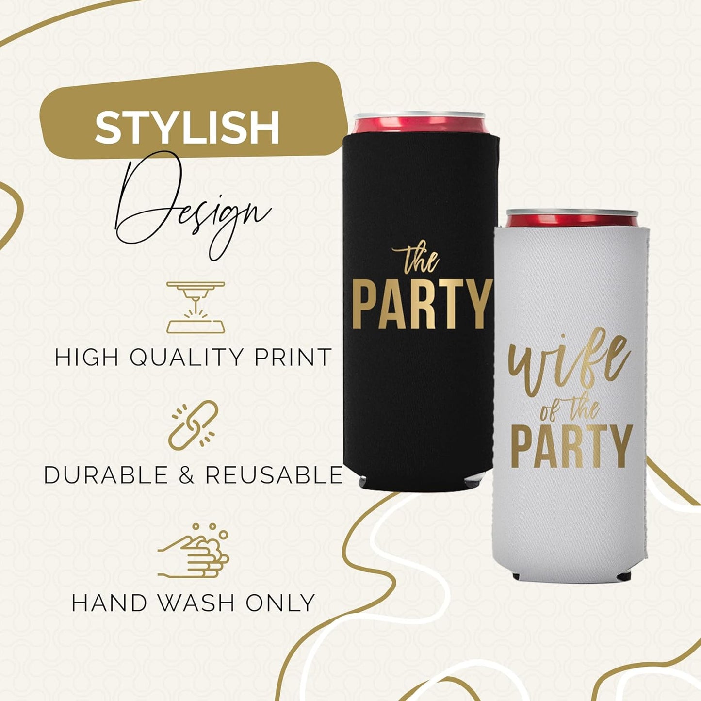 Wife of the Party and The Party Bachelorette Can Coolers - Set of 12, Perfect for Decorations and Bridesmaid Gifts (Black, Slim)