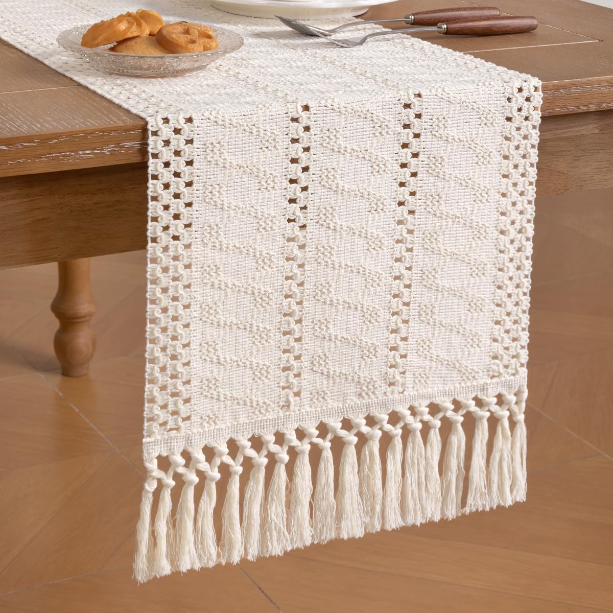 Socomi Boho Table Runner Fall Thanksgiving Farmhouse Rustic Dining Kitchen Centerpiece Decor Small Macrame Woven Cotton Linen Coffee Table Runner for Dresser Scarf Home Decor 12x48 inch Cream Ivory