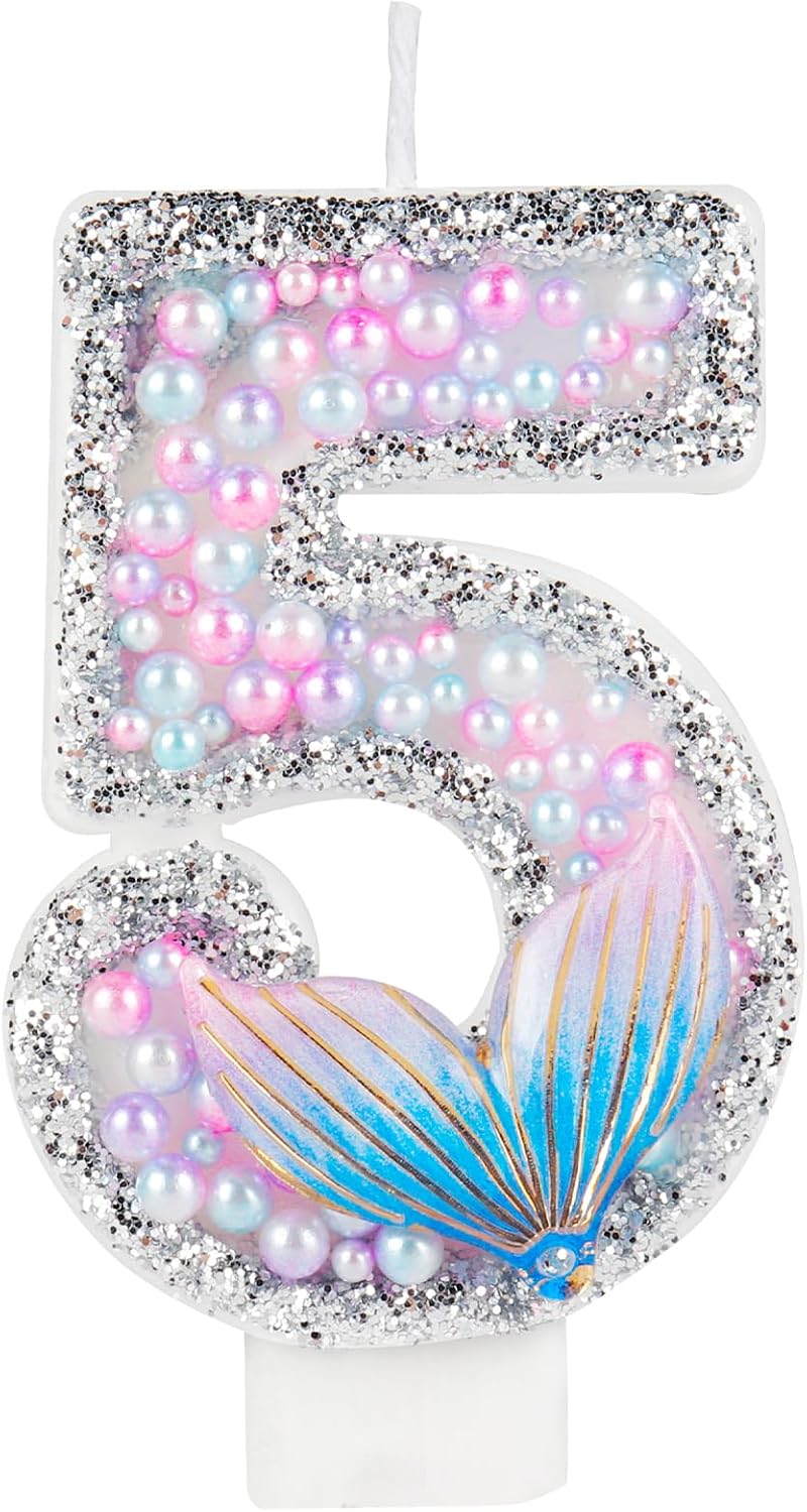 Girls Glitter Mermaid Tail Number 5 Birthday Candles,Pink Pearls Mermaid Tail Birthday Candles,Happy 5th Birthday Candles for Cake,Mermaid Themed Birthday Cake Topper Anniversary Party Decor