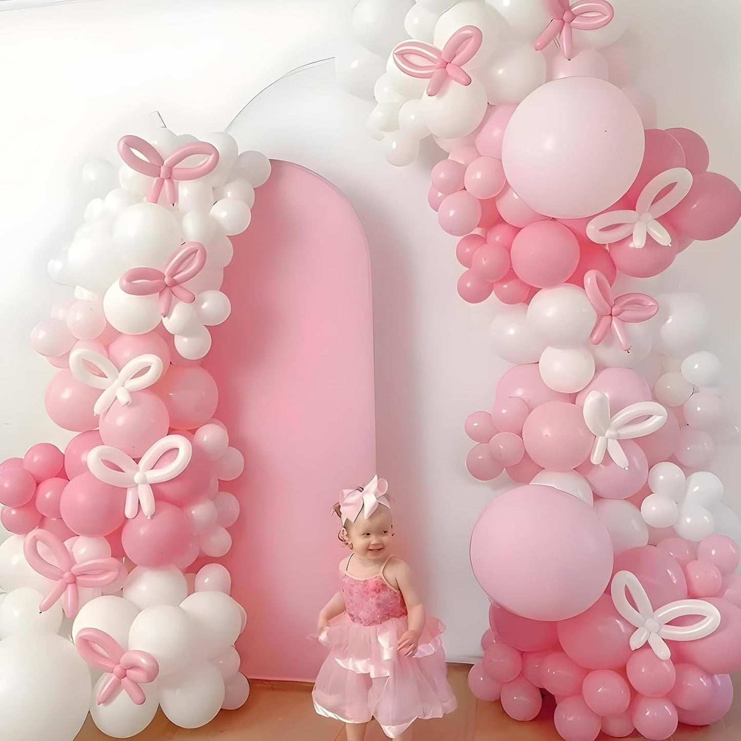 Pink Bow Balloon Arch Kit Pink and White Balloons Garland 91 Pcs Coquette Birthday Decor White Pastel Light Pink Bow Balloon for Girls Princess Bridal Baby Shower Birthday Party Decorations