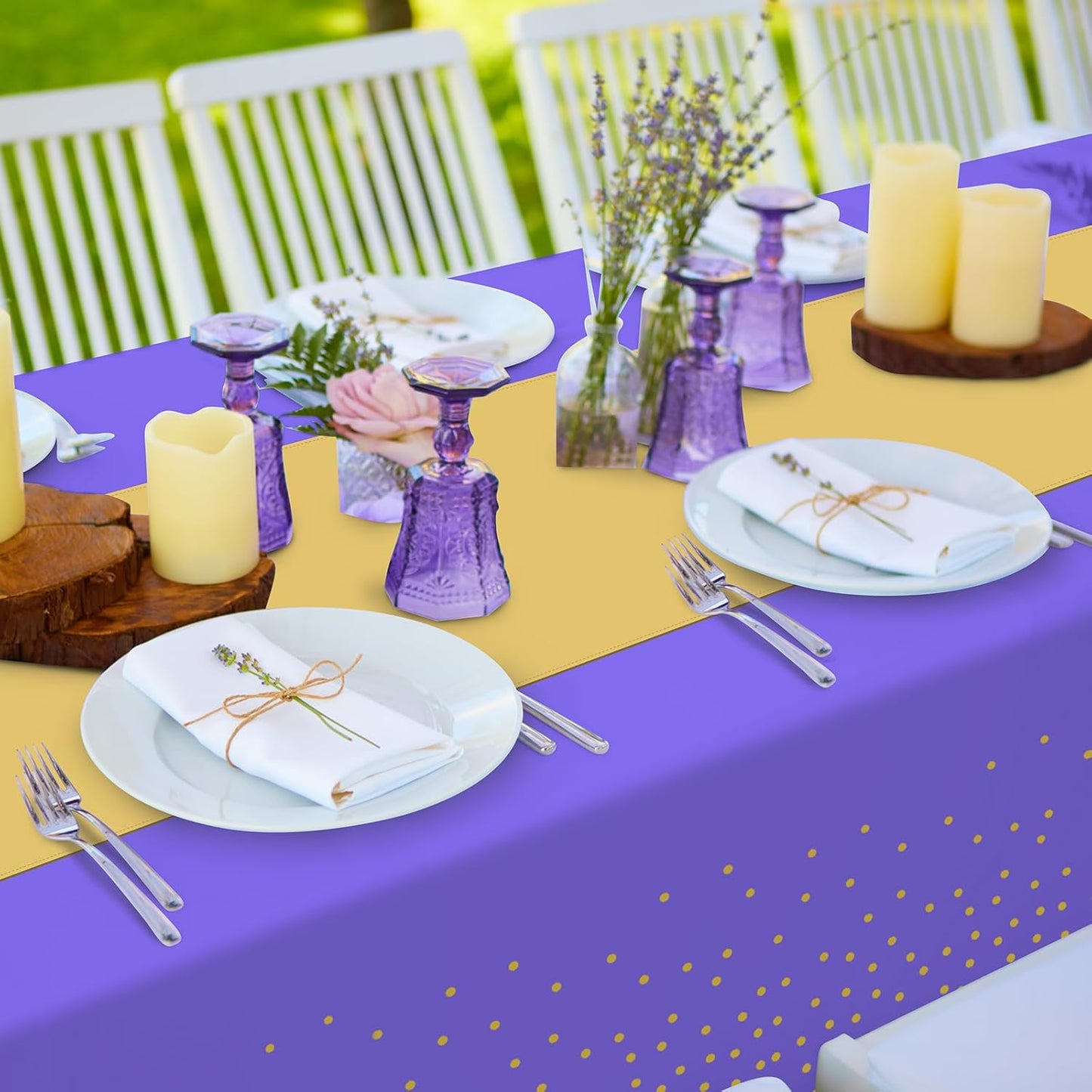 8Pack Disposable Plastic Tablecloths and Satin Table Runner Set Purple and Gold Dot Tablecloth Gold Satin Table Runner for Wedding Birthday Baby Shower Anniversary Christmas New Year Party Supplies