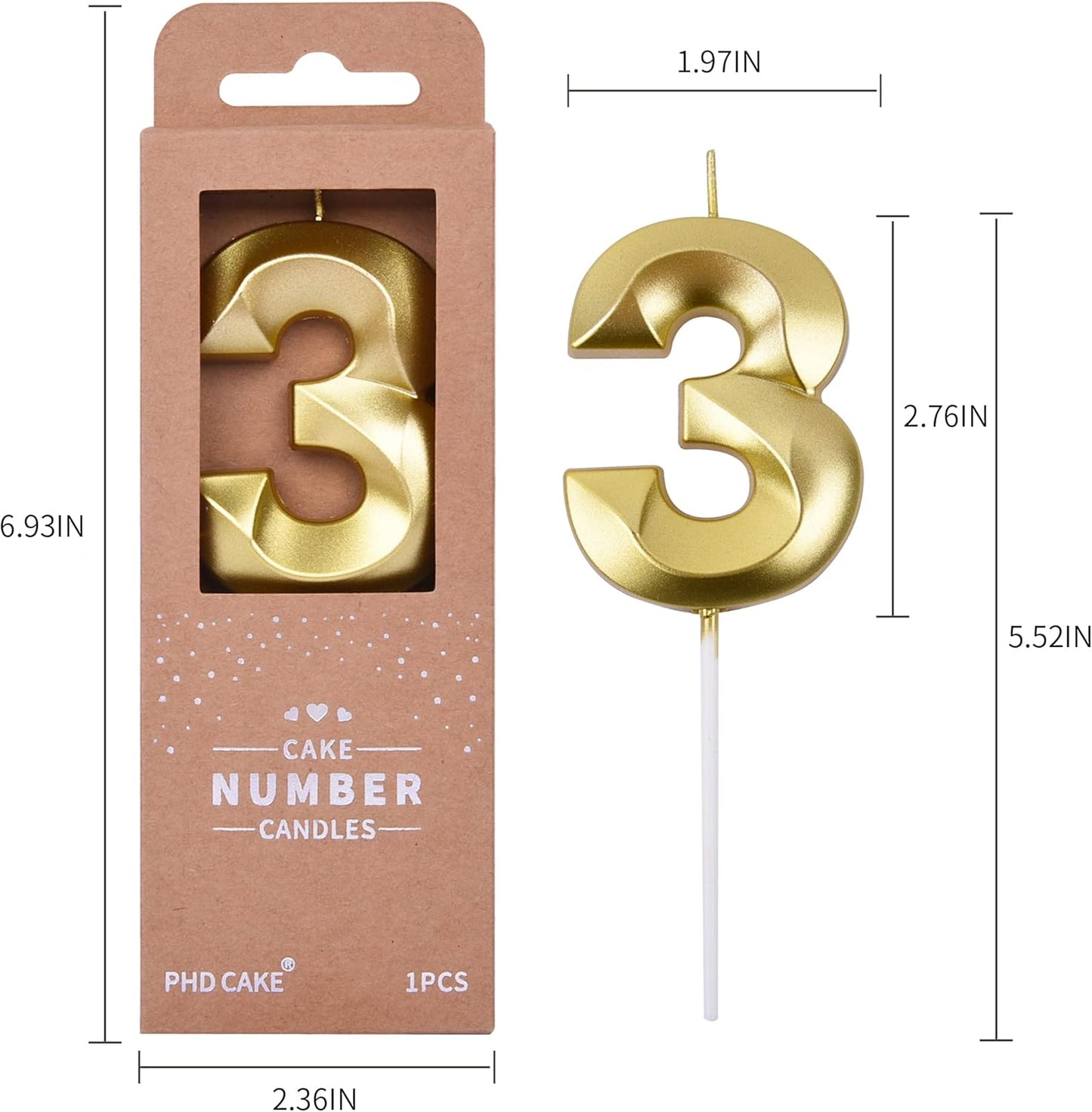 PHD CAKE 2.76 Inch Diamond Gold 3 Number Birthday Candles, Gold Number Candles, Cake Number Candles, Party Celebration