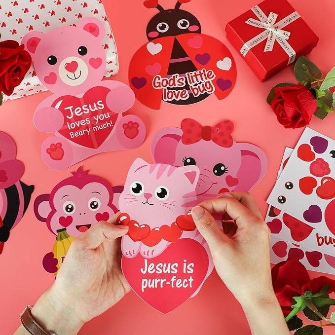 Yewfold 24Pcs Valentine's Day Religious Animal Craft Kit, Valentines Heart Jesus Sticker Crafts Make Your Own Christian Church Arts, DIY Home Sunday Project Activities