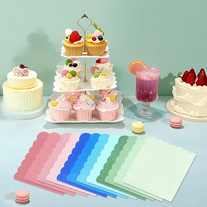 120PCS Gradient Pink Cocktail Party Napkins,Hot Pink Scalloped Beverage Dessert Paper Napkin for Birthday Wedding