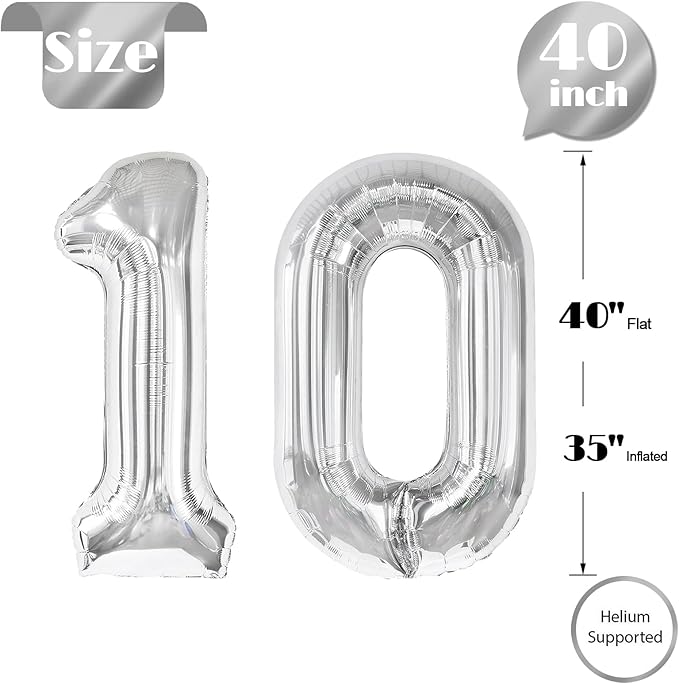 Silver Number 10 Balloon 40 inch, 10 Number Balloons, 10th Silver Birthday Decorations for Girls Boys Kids, 10 Year Old Silver Party Supplies