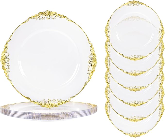 6pcs Clear and Gold Charger Plates,13inch Elegant Plastic Gold Chargers with Floral Trim,Table decoration,Charger Serving Plates for Wedding,Afternoon Tea,Spring,Mother's/Valentine's Day