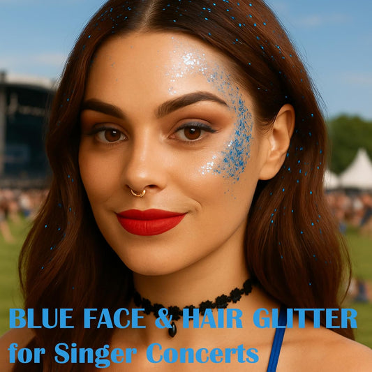 Blue Hair Glitter Stick,Rave Carnival Accessories Chunky Sequins Face Glitter,Singer Concert Body Glitter for Kids Women, Waterproof Halloween Glitter Makeup Paint for Parties,Festival