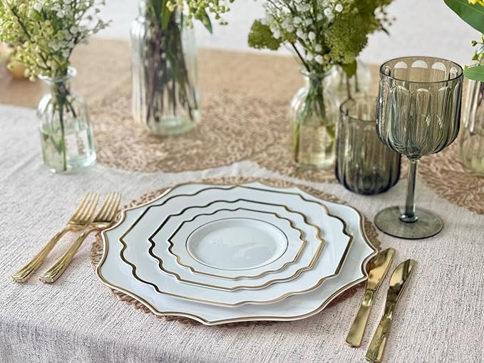 " OCCASIONS " 10 Pieces 13.25'' Scalloped Disposable/Reusable Plastic Charger Plates for Wedding, (Scalloped Imperial White & Gold)