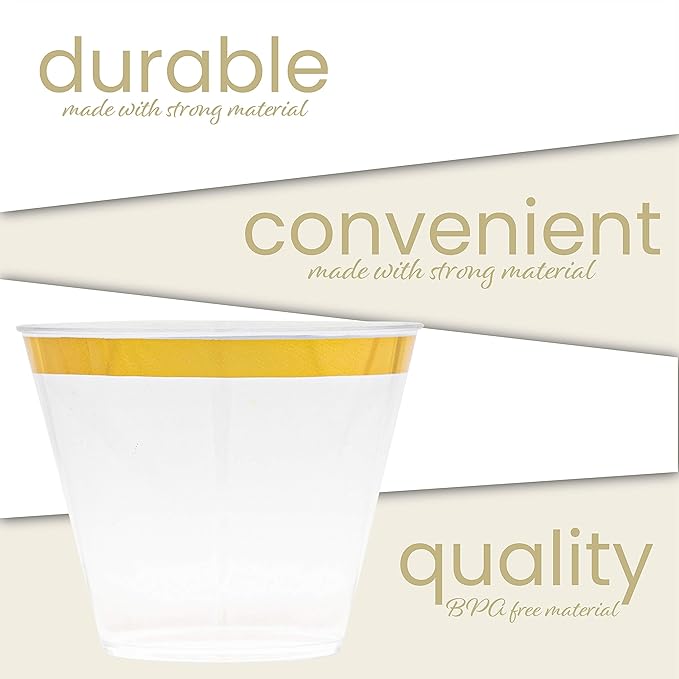 PLASTICPRO 9 oz Disposable Plastic Party Cups,Old fashioned Designed Tumblers, With gold Rim 100 Count, Crystal Clear