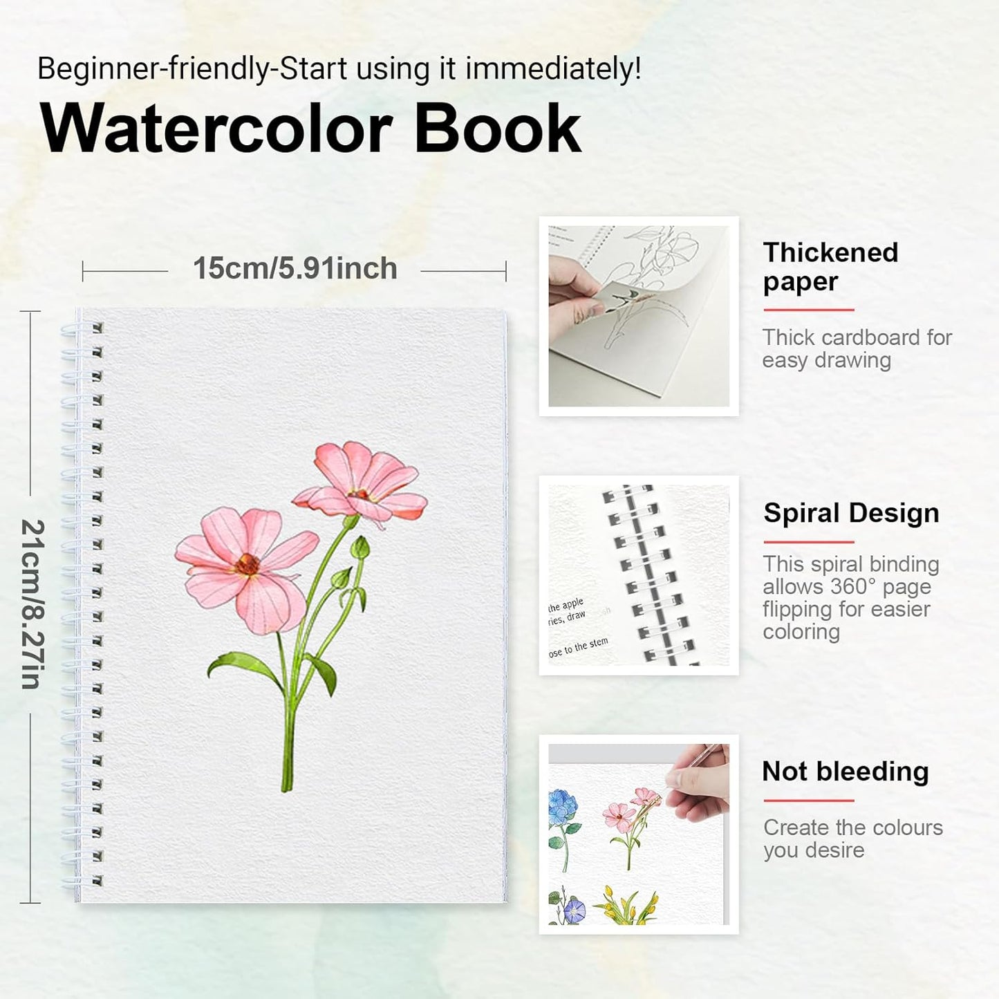 Watercolor Workbooks with Step by Step for Adults Teens - Beginner Watercolor Workbook with 12 Coloring Book Pages -100% Cotton 300gsm/140lb Watercolor Paper(Flower)
