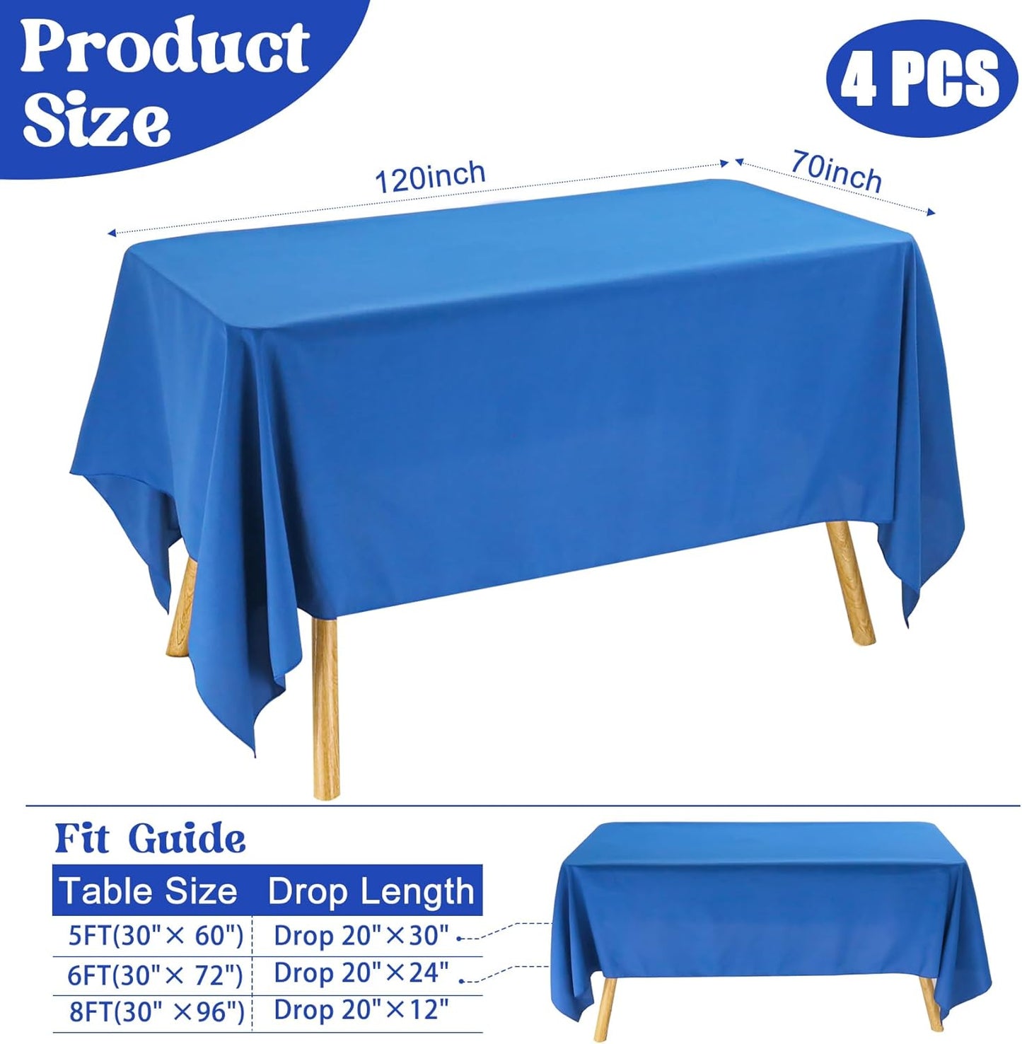 4 Pack Rectangle Tablecloth for 6 Foot Tables Washable Polyester Table Cover for Wedding Dining Table Parties Banquet（70x120 Royal Blue）