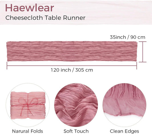 12 Pack Boho Gauze Table Runner - 10Ft Long Rustic Sheer Cheesecloth for Wedding, Bridal, Baby Shower, Birthday Party, Cake Table, Arbor Decorations (Dusty Rose)
