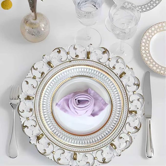 6 Pack White Charger Plates 13" Round Charger Plates for Dinning Plates with Embossed Rim Plastic Charger for Dinner, Wedding, Elegant Tableware Decor