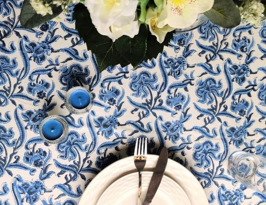 ATOSII Midnight Bloom 100% Cotton Spring Summer Tablecloth, Hand Block Print Rectangle Table Cover for Kitchen Dining Linen I Parties, Outdoors, Wedding, Easter I 72 X 120 Inches I 10 Seater