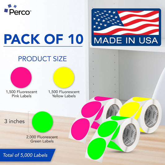 Perco 3-Inch Perforated Circle Dot Sticker Labels — 10 Rolls, 5,000 Round Fluorescent Stickers (4 Green, 3 Yellow, 3 Pink)—with Permanent Adhesive for Moving Boxes, Sale Signage, Displays—Made in USA
