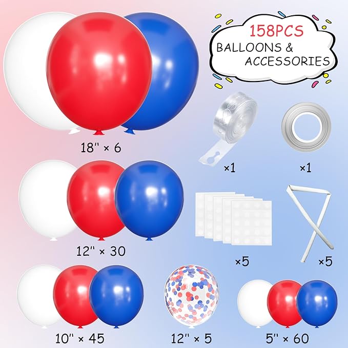 MEBAY Blue Red White Balloons Arch Garland Kit, 147 Pcs Royal Blue Red White Confetti Blue Red Balloon for Graduation Birthday Party Baby Shower Wedding Decorations