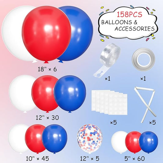 MEBAY Blue Red White Balloons Arch Garland Kit, 147 Pcs Royal Blue Red White Confetti Blue Red Balloon for Graduation Birthday Party Baby Shower Wedding Decorations