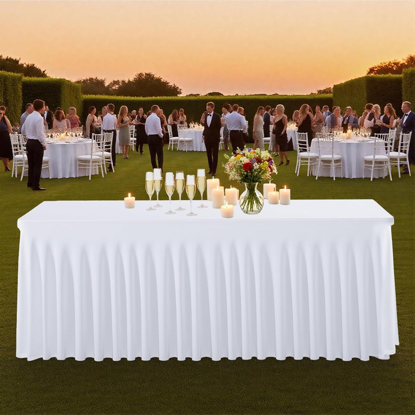 5 Pack White Spandex Tablecloths, Stretch Fitted 6ft Table Cover (120 Inch) with Skirt, Wrinkle Free for Weddings, Parties, Banquets, Dining Fits 6 Foot Rectangle Tables