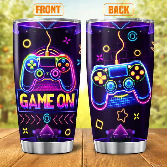 Gaming Controller Themed Cup for Gamers, Neon Design Stainless Steel Insulated Tumbler, 20oz Vacuum Travel Mug for Boys, Teens, Men, Game Lovers Gift for Birthday, Outdoor