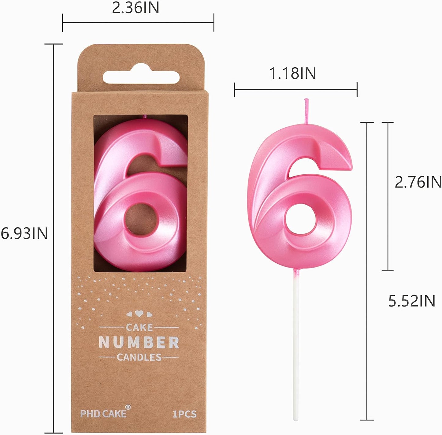 PHD CAKE 2.76 Inch Diamond Pink 6 Number Birthday Candles, Pink Number Candles, Cake Number Candles, Party Celebration