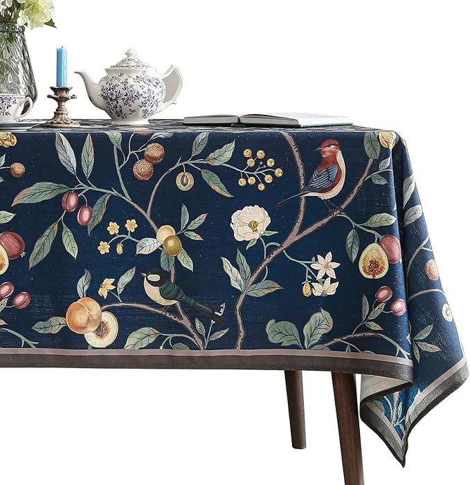 Linen Table Cloth Rectangle,Wrinkle Resistant French Blue Tablecloth Print with Froal,Decor Stitch Table Cloth for Thanksgiving,Dining Room,Home,Kitchen 63" × 87"-DeweyA Blue