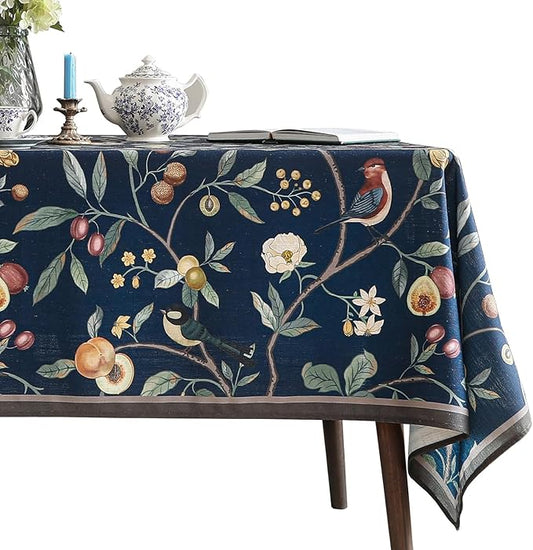 Linen Table Cloth Rectangle,Wrinkle Resistant French Blue Tablecloth Print with Froal,Decor Stitch Table Cloth for Thanksgiving,Dining Room,Home,Kitchen 63" × 87"-DeweyA Blue