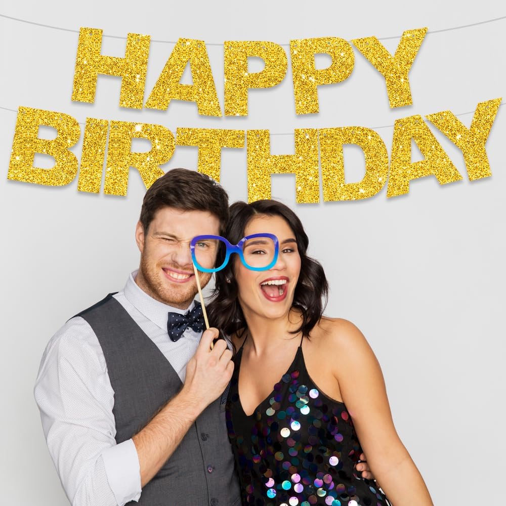 BEISHIDA Gold Happy Birthday Banner - Pre-Strung, No DIY, Birthday Sign - Banner for Women, Kids Decor, Backdrop