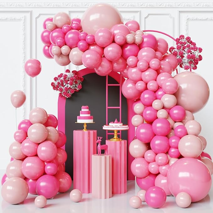 Pink Balloons Arch Kit,130pcs Hot Pink Balloon Garland,Different Sizes Light Latex Pink Balloons for Wedding,Bridal Shower,Birthday,Valentine's Day Party Decorations