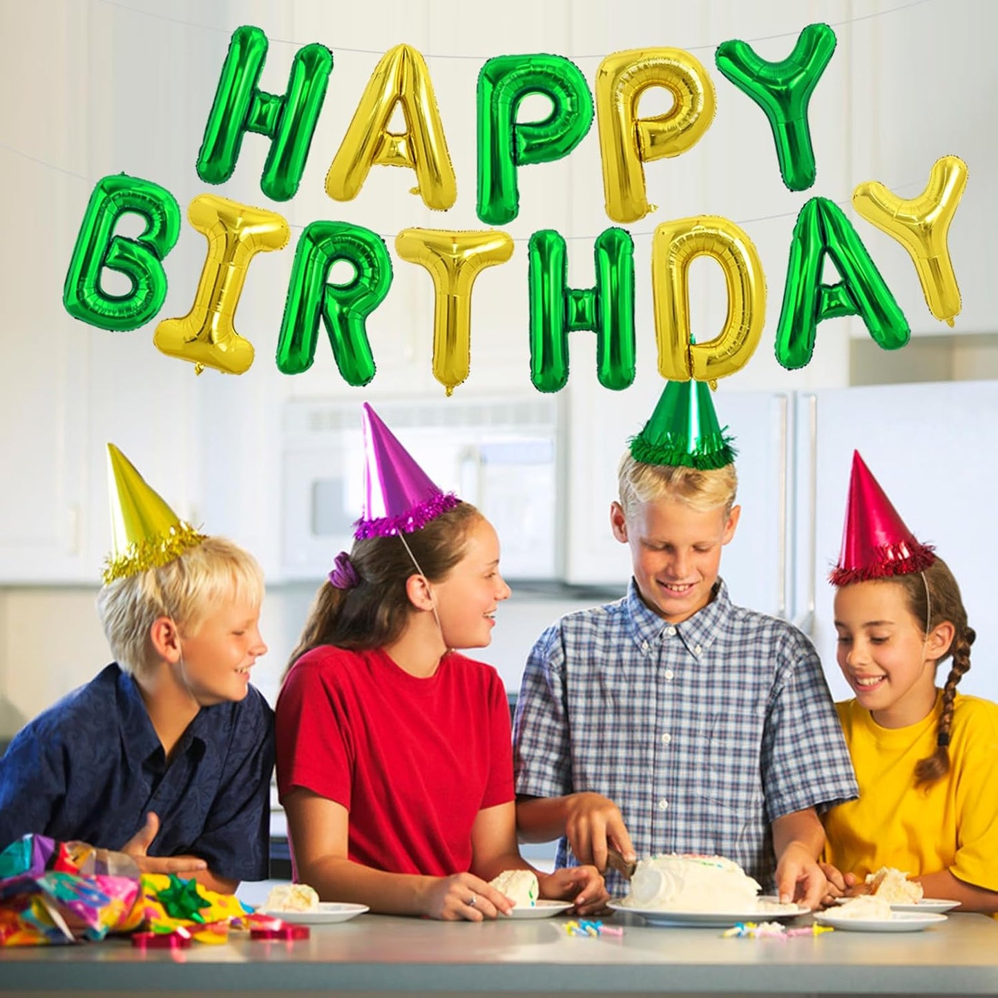 TONIFUL Happy Birthday Balloons Banner 16 Inch Mylar Foil Letters Birthday Sign Reusable for Girls Boys Kids & Adults Birthday Party Decorations Supplies（Green Gold）