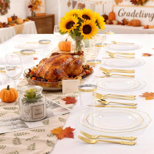 WDF 100pcs Clear Disposable Plastic Plates With Gold Trim - Baroque Clear Gold for Parties or Wedding or Thanksgiving - including 50PCS Dinner Plates 10.25inch and 50PCS Salad Plates 7.5inch