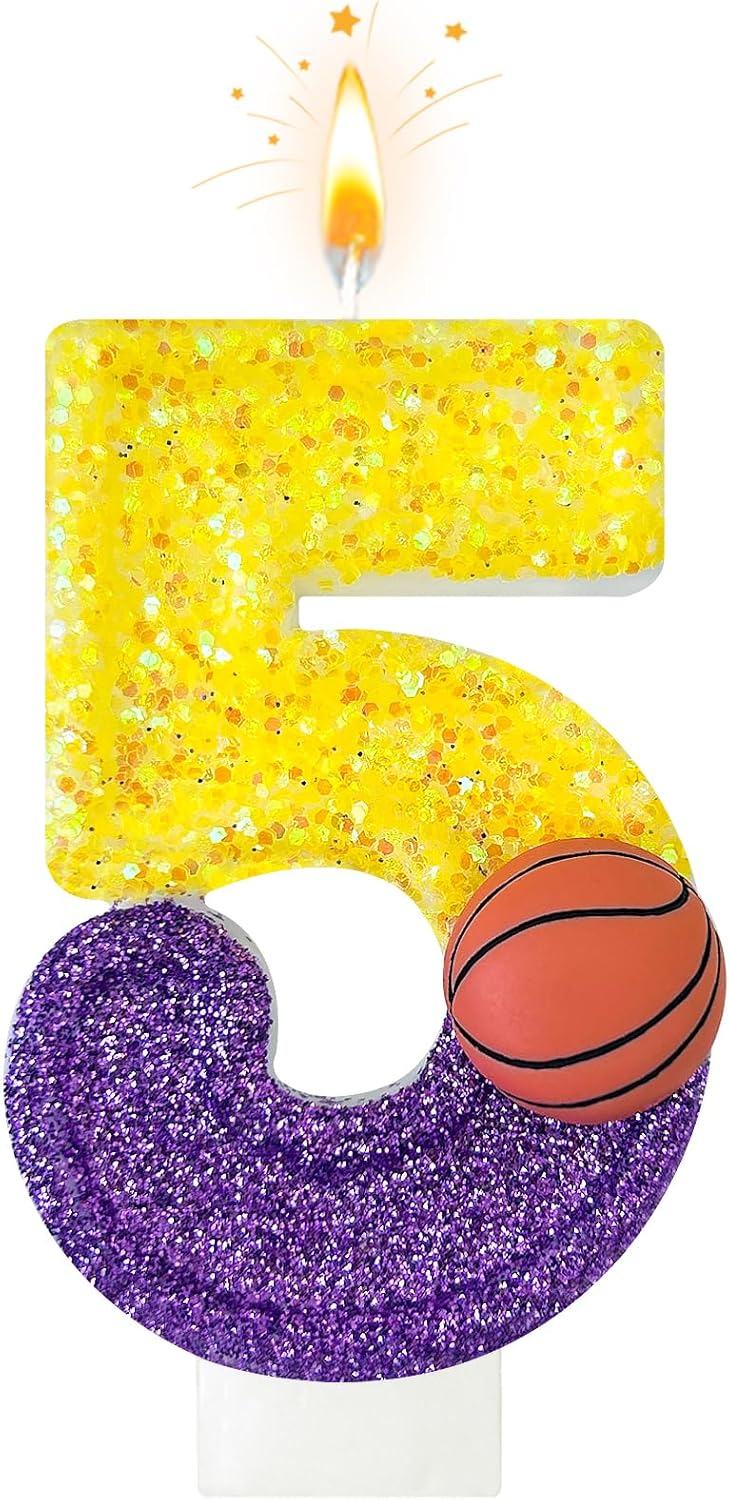 HXOUSE Basketball Number 5 Birthday Candles - Purple Gold Birthday Candles for Cake, 5 Candle for Basketball Theme Cake Topper, Boys Sport Party Decorations Gifts (No.5)