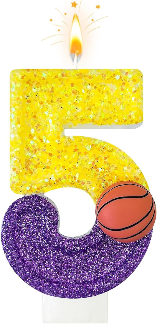 HXOUSE Basketball Number 5 Birthday Candles - Purple Gold Birthday Candles for Cake, 5 Candle for Basketball Theme Cake Topper, Boys Sport Party Decorations Gifts (No.5)