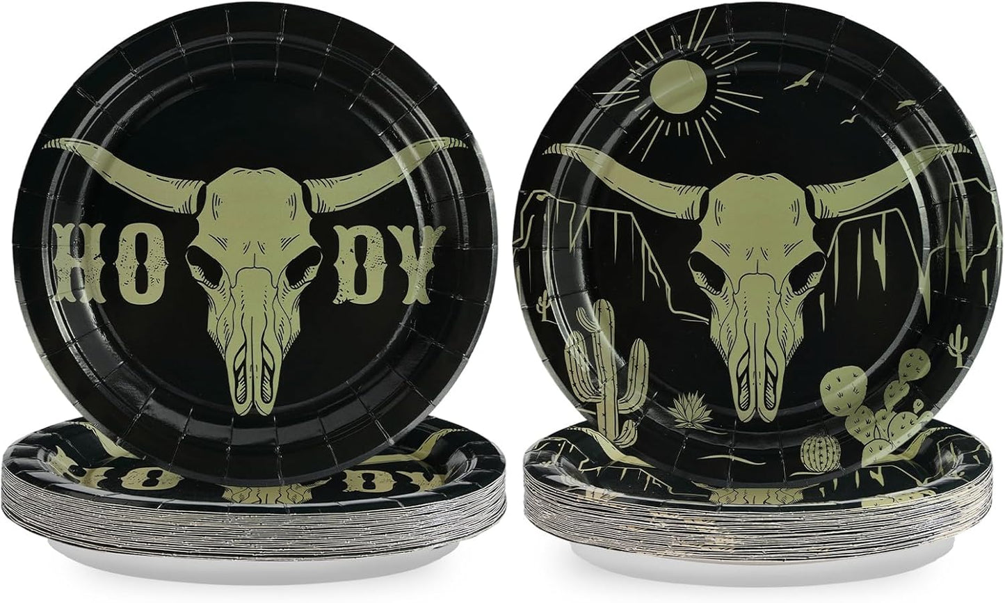 Grencian 50Pcs Cow Skull Decorations 9in Heavy Duty Disposable Western HOWDY Cow Skull Desert Paper Plates For Southwestern Party Supplies