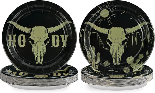 Grencian 50Pcs Cow Skull Decorations 9in Heavy Duty Disposable Western HOWDY Cow Skull Desert Paper Plates For Southwestern Party Supplies
