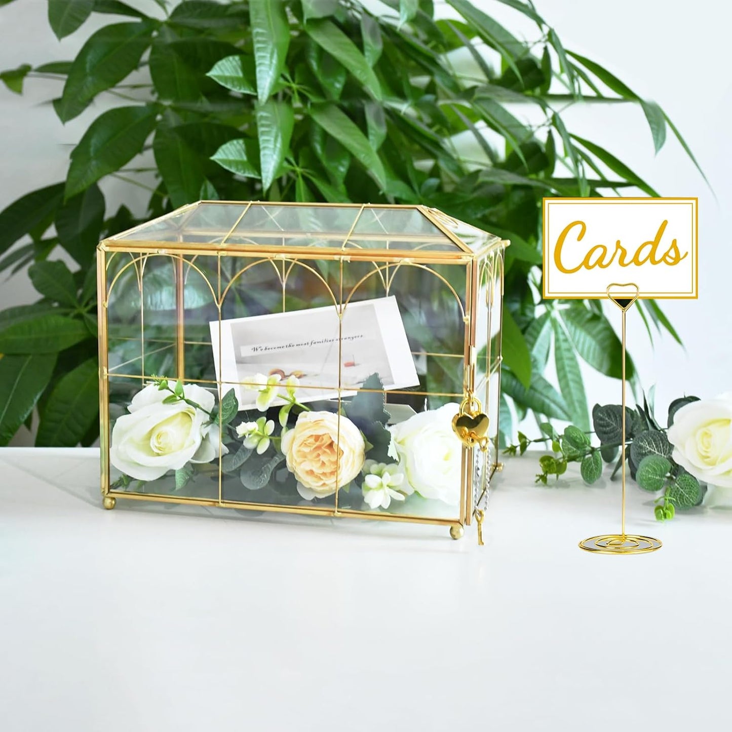 Glass Wedding Card Box with Slot, 10.2 x 5.9 x 7.9 Inches Handmade Vintage Gold Wedding Card Boxes for Reception, Keepsake, Baby Shower, Graduation, Party Decorative Box