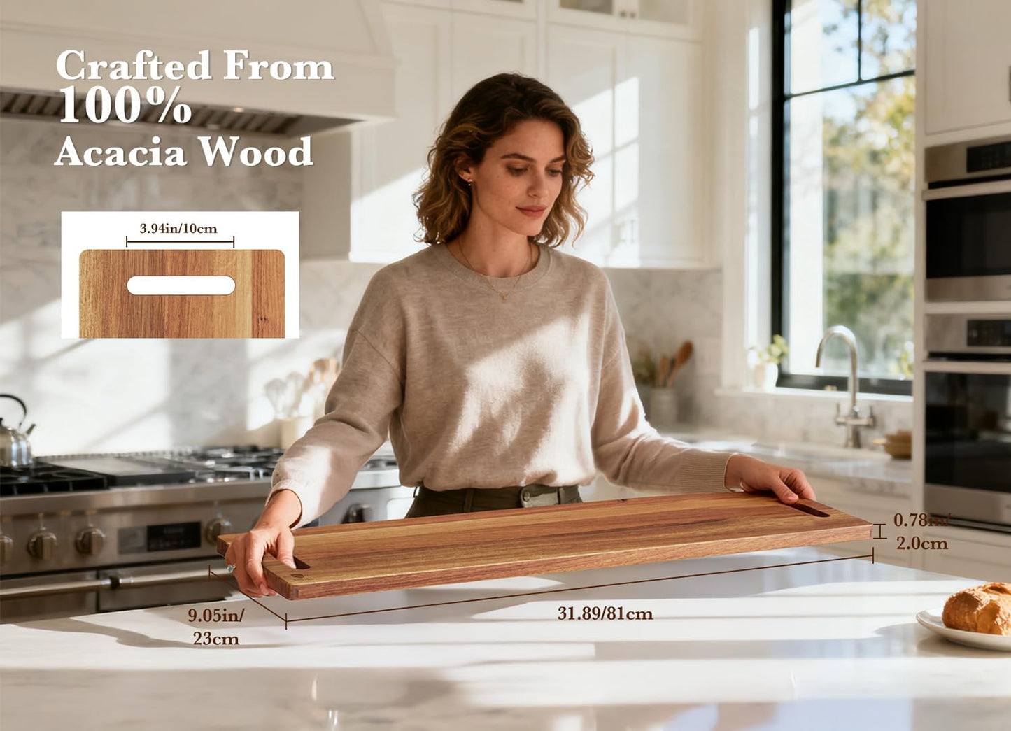 Large Charcuterie Board – Featuring Built-In Side Handles, 32" Acacia Wood Serving Board for Cheese, Meat & Appetizers – Extra Long Kitchen Platter for Gatherings, BBQ & Home Decor
