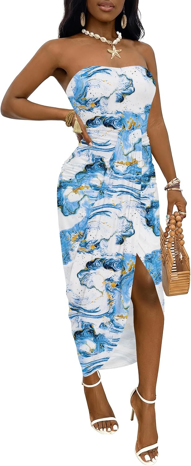 Umenlele Women's Strapless Ruched High Waist Wrap Split Asymmetrical Beach Maxi Long Dress