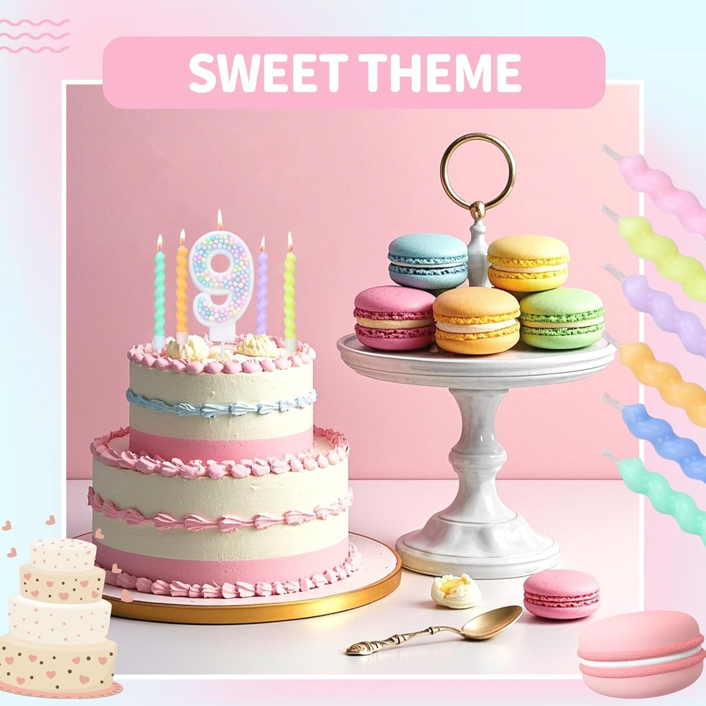 Number 4 Birthday Candles for Cake with 15 Pieces Spiral Candles with Macaron Pastel Rainbow Pink Cake Toppers for Girls Happy Birthday Party Decorations
