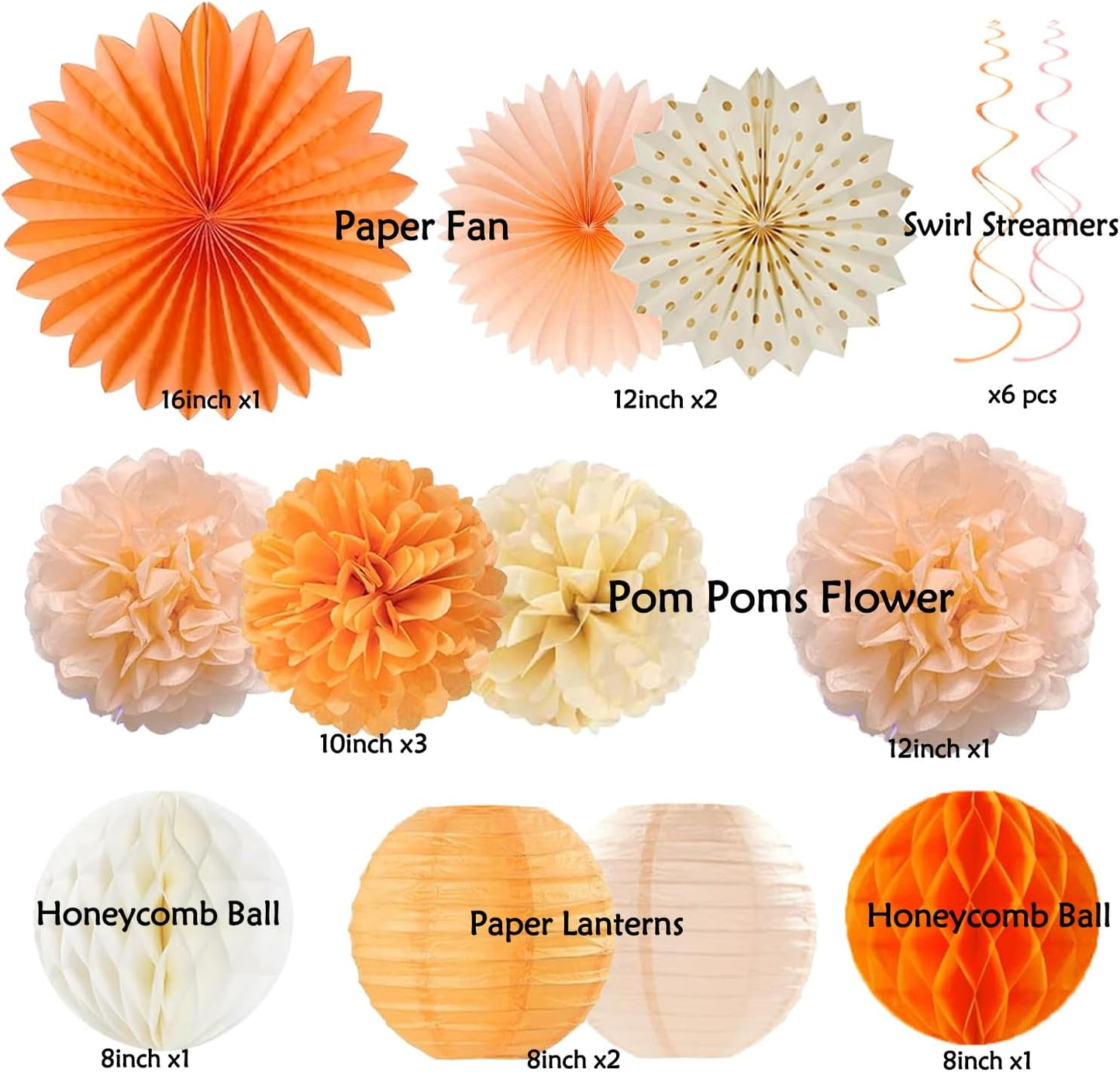 Orange-Peach Fall Boho Birthday Party Decorations - 62pcs Happy Birthday Banner, Beige Rustic Paper Lanterns, Streamers, Tissue Pom Poms, Burnt Orange Apricot Party Balloons, Fall Backdrop Decor