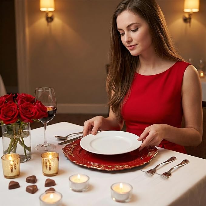 Red Charger Plates, 13 Inch Embossed Chargers for Dinner Plates. Plastic Charger for Wedding, Party. (Set of 6)