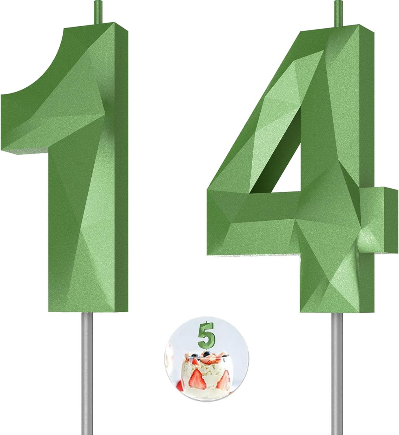 Number Birthday Candles(14 Candle Green) 3D Diamond Shape Number Happy Birthday Cake Candles for Birthday Party Wedding Decoration Reunions Theme Party